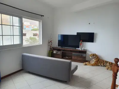 a living room with a couch and a tiger laying on the floor at Seaview Apartment in Tarrafal