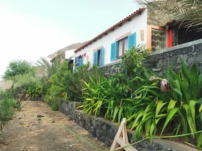 a house with blue windows and plants in front of it at Casa Praia Tarrafal de Monte Trigo in Seladinha