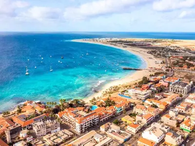 an aerial view of a beach and the ocean at Studio Apt Bounty Condominium, Santa Maria in Santa Maria