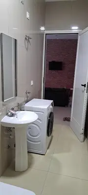 a bathroom with a washing machine and a sink at Apartamento T1 Mobilado Espargos/Sal in Espargos