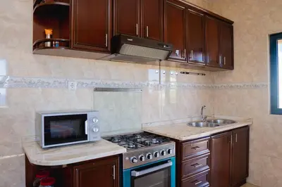 a kitchen with a stove and a microwave at JT Sea View Apartment T3 in Praia