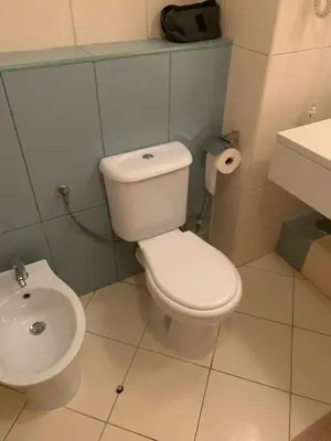 a bathroom with a white toilet and a sink at Vila Verde - Chez Val in Santa Maria