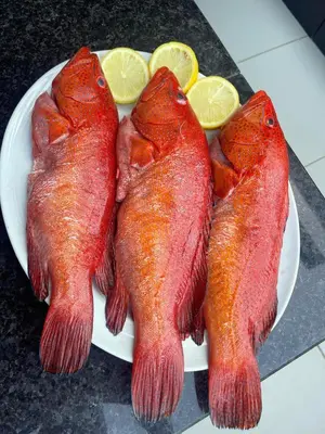 three red fish on a plate with lemon slices at Beramar Hotel in Praia