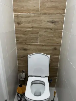 a bathroom with a toilet with a wooden wall at ROYAL PALMAREJO APPARTAMENTO in Praia