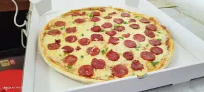 a pepperoni pizza sitting in a box at My Flat 0 in Praia