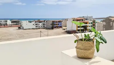a plant in a basket sitting on the ledge of a building at Chic Surf-Inspired Mezzanine Studio 