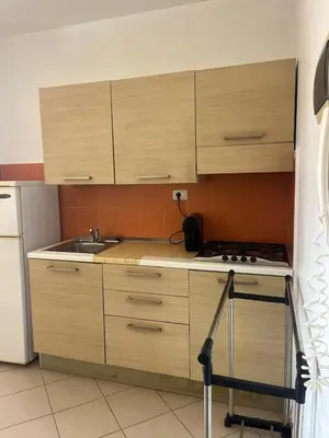 a kitchen with wooden cabinets and a sink and a refrigerator at Central Studio Apartment near beach in Santa Maria