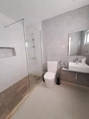 a bathroom with a shower and a toilet and a sink at Bela's house in Mindelo