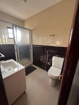 a bathroom with a toilet and a shower and a sink at Casa Lima in Mindelo