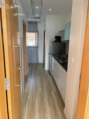 a kitchen with a refrigerator and a counter top at Apto Duarte T1 Compacto in Praia