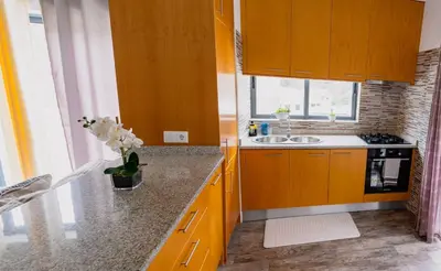 a kitchen with wooden cabinets and a sink and a counter at Apartamentos Modernos Santo Antão in Ribeira Grande