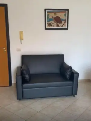 a black couch in a room with a picture on the wall at Flor de Sal Apartment in Santa Maria