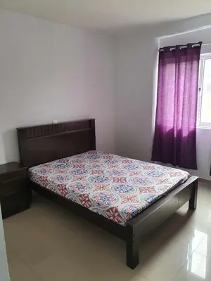 a bed in a bedroom with a purple curtain at Elizabeth Rocha in Mindelo
