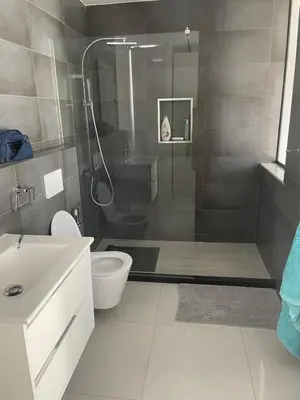 a bathroom with a shower and a toilet and a sink at Mendes Guesthouse in Tarrafal