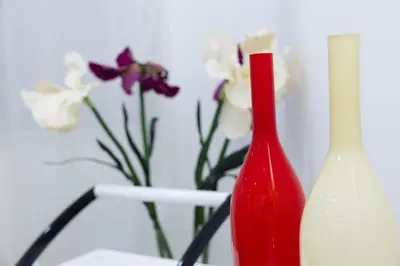 a red vase sitting next to some flowers at Casa kretcheu Mindelo in Mindelo