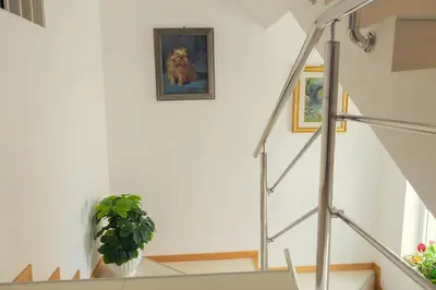 a staircase with a painting and a potted plant at Casa kretcheu Mindelo in Mindelo