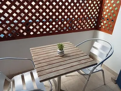 a wooden table with a potted plant on it at Canova Apartment in Santa Maria