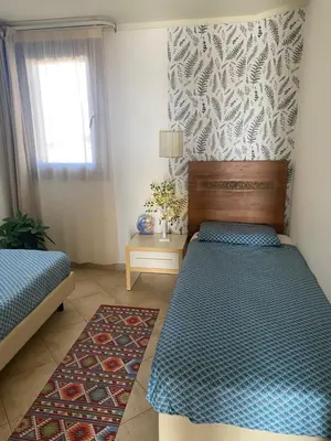 a bedroom with two beds and a window and a rug at Tropical Miradouro in Santa Maria
