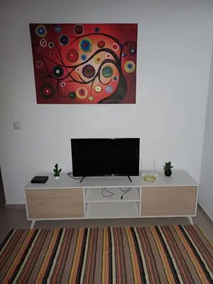 a living room with a tv and a painting on the wall at L&E Apartment in Mindelo