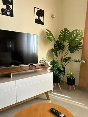 a living room with a flat screen tv and plants at T1 Mindelo City Center in Mindelo