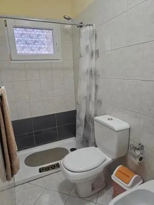 a bathroom with a toilet and a shower at Coral Reef in Santa Maria