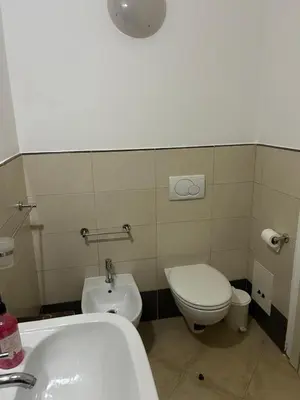 a bathroom with a white toilet and a sink at Brisa Tropical in Santa Maria