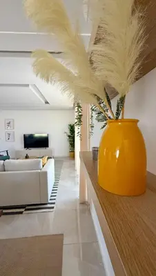 a living room with a yellow vase with feathers in it at Laginha Paradise III in Mindelo