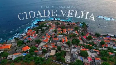 an aerial view of a village next to the ocean at Catedral View Apartment in Cidade Velha