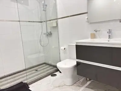 a bathroom with a shower and a toilet and a sink at Relax and Stay in Praia Spacious 3bdr Apartment in Praia
