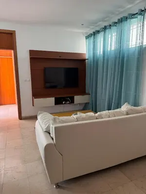 a living room with a white couch and a television at Apartamento Silva 1 in Praia