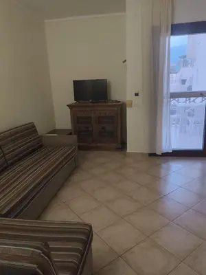 a living room with a couch and a flat screen tv at Marialva Tropical T2 in Santa Maria