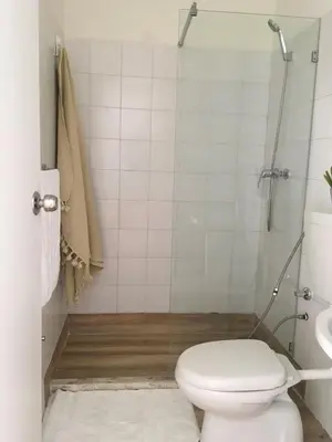 a bathroom with a toilet and a shower and a sink at Alana's loft in Praia