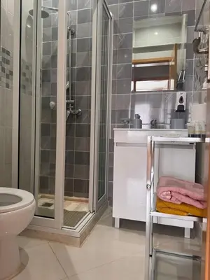 a bathroom with a shower and a toilet at Apartamento mais Carro George Mendes in Praia