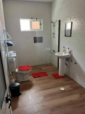 a bathroom with a shower and a sink and a toilet at Pousada Aguia in Praia
