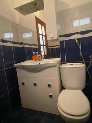 a bathroom with a white toilet and a sink at Apartamento em Monte in Mindelo