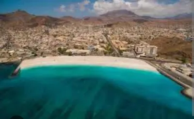 an aerial view of a city with a large body of water at Mira Mar Mindelo in Mindelo