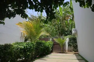 a garden with palm trees and bushes next to a building at CORAL BAY - Kode Villa in Cidade Velha