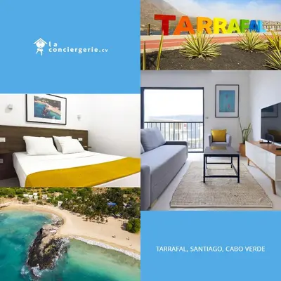 a collage of photos of a bedroom and a beach at Cozy apt amazing seaview - 2 min from beach - LCGR in Tarrafal