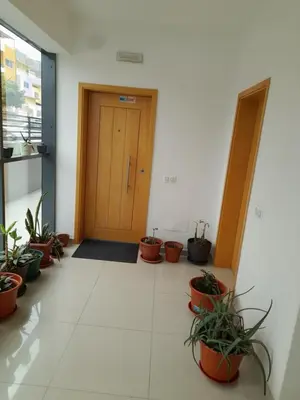 a hallway with potted plants in front of a door at Conforto in Praia