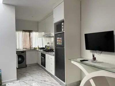 a kitchen with a black refrigerator and a tv at Repousando no terraço in Ribeira Grande
