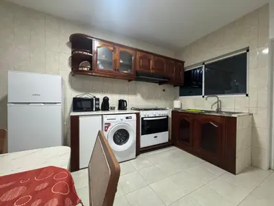 a small kitchen with a washer and dryer in it at Paz, Tranquilidade e Conforto in Espargos