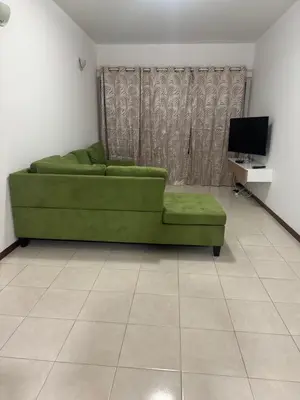 a green couch in a living room with a tv at Paz, Tranquilidade e Conforto in Espargos
