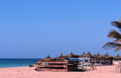 a beach with a bunch of straw umbrellas and the ocean at Flat 4U in Santa Maria