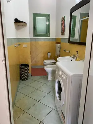 a bathroom with a toilet and a washing machine at Cà Giasone in Santa Maria