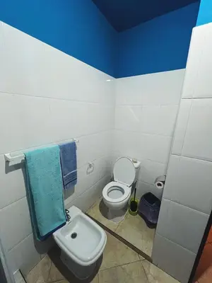 a bathroom with a white toilet and blue towels at Tropical Breeze Holidays in Santa Maria