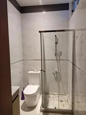 a bathroom with a toilet and a glass shower at Gaudencio Fernandes in Praia