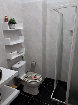 a bathroom with a toilet and a glass shower at T1 Cá Djana in Sal Rei