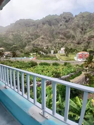 a balcony with a view of the mountains at ROMANA guest house in Tarrafal da Vila de Ribeira Grande