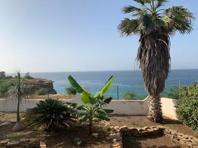 a view of the ocean from a resort with palm trees at Casa TROPIKAL Maio Ponta Preta in Vila do Maio