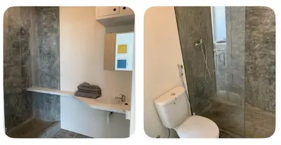 two pictures of a bathroom with a toilet and a shower at Modern&Central Mindelo - 2A in Mindelo